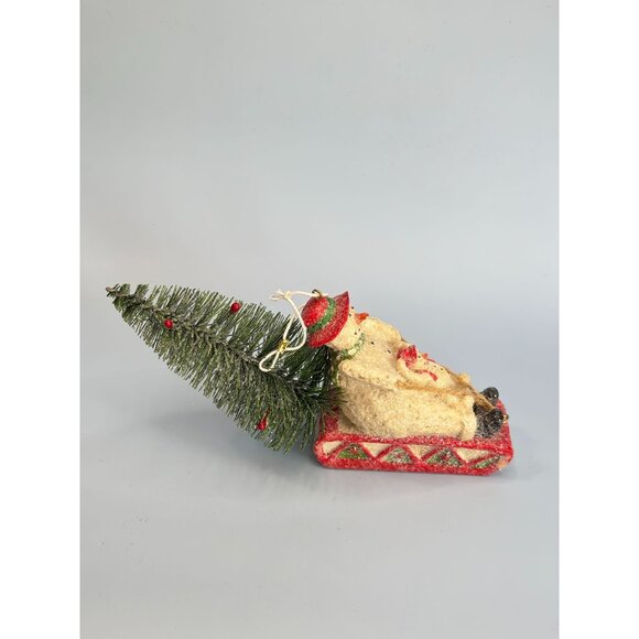 Snowman & Snowchild Sledding with Bottle Brush Christmas Tree Ornament - Picture 4 of 7